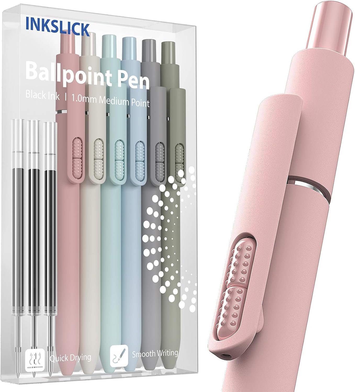 Retractable Ballpoint Pens with Refills - 6 Pens and 3 Refills, 1.0 mm, Black Ink