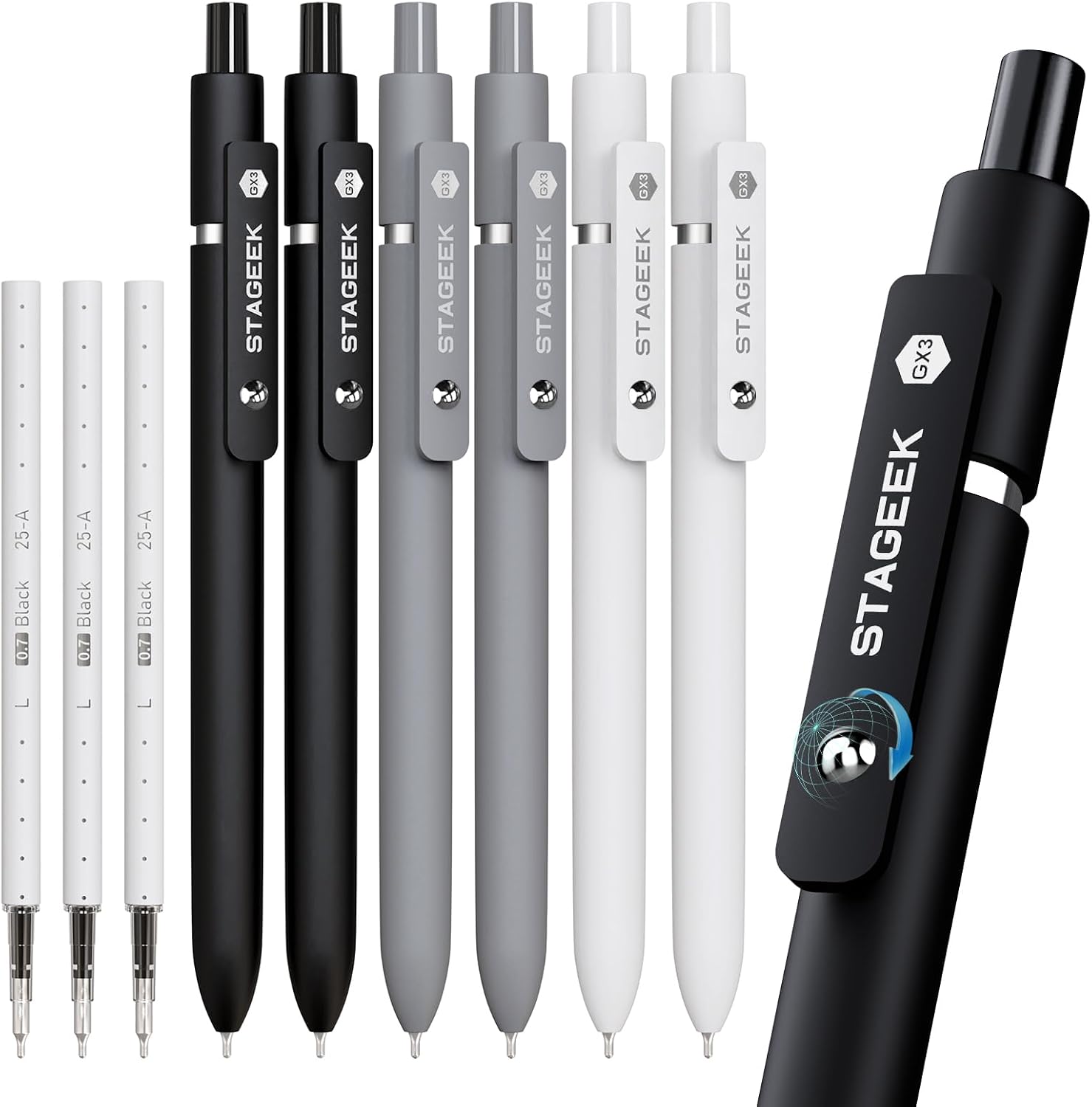 Retractable Gel Pens with Refills - 6 Pens and 3 Refills, 0.7 mm, Black Ink