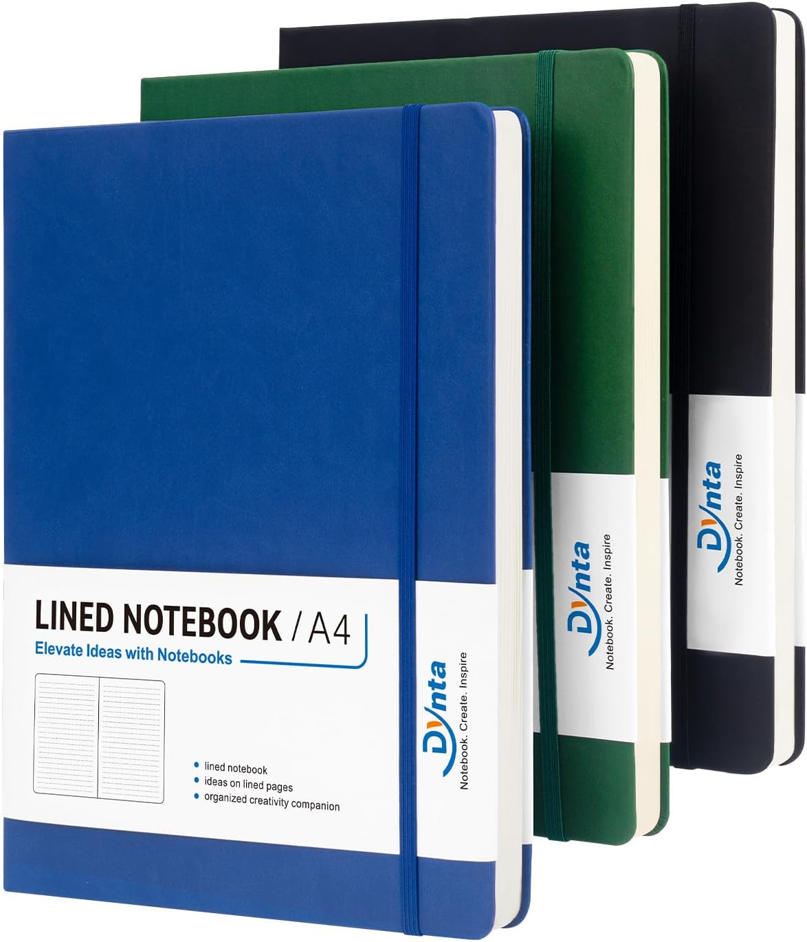A4 Lined Hardcover Journals, 8.5 x 11 in - 3 Pack, 200 Pages Each, Black, Green and Blue