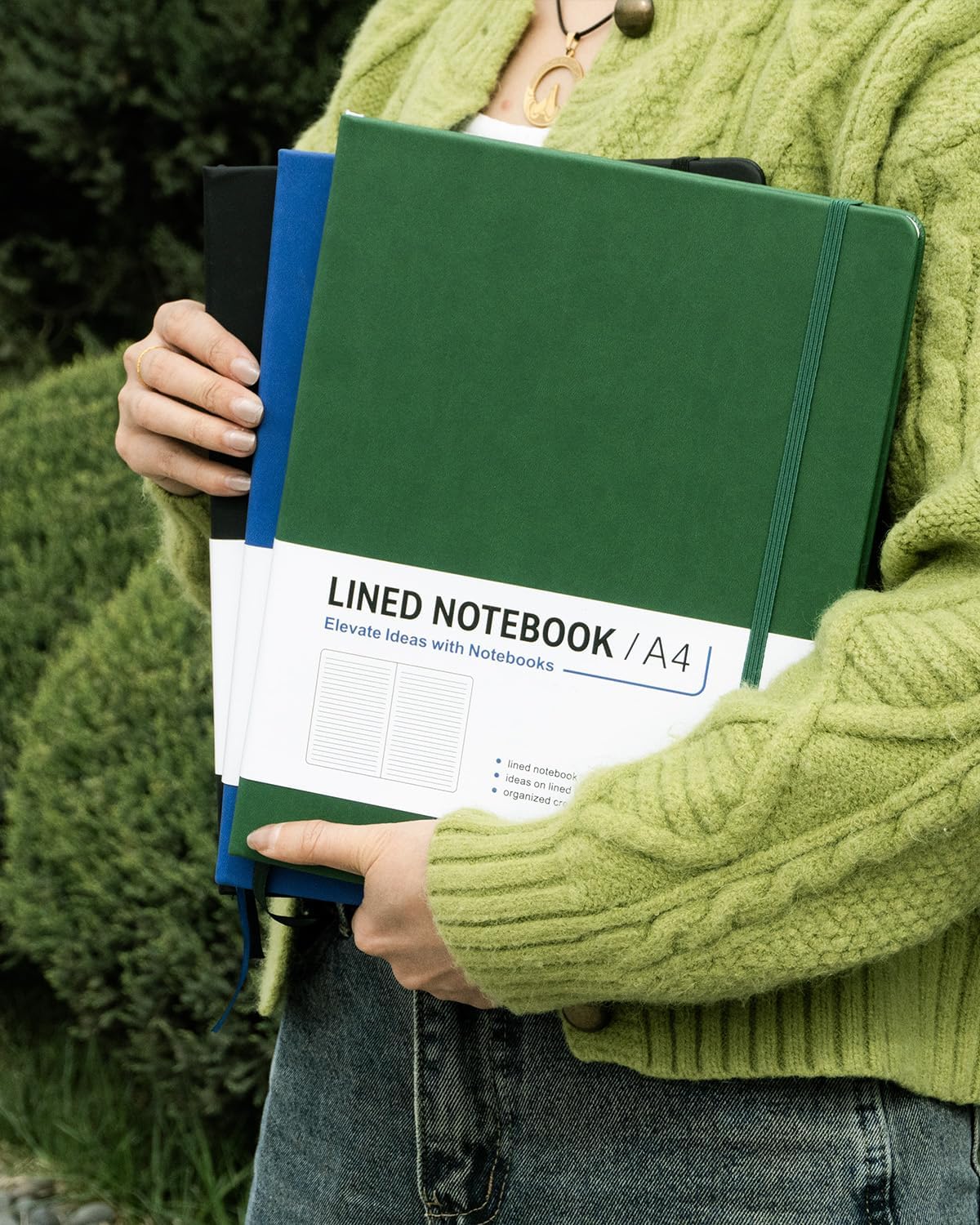 A4 Lined Hardcover Journals, 8.5 x 11 in - 3 Pack, 200 Pages Each, Black, Green and Blue