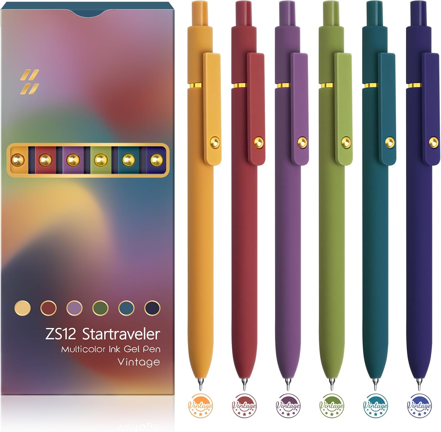 Vintage-Tone Gel Pens, 0.5 mm Fine Point - 6 Pack, Coloured Ink