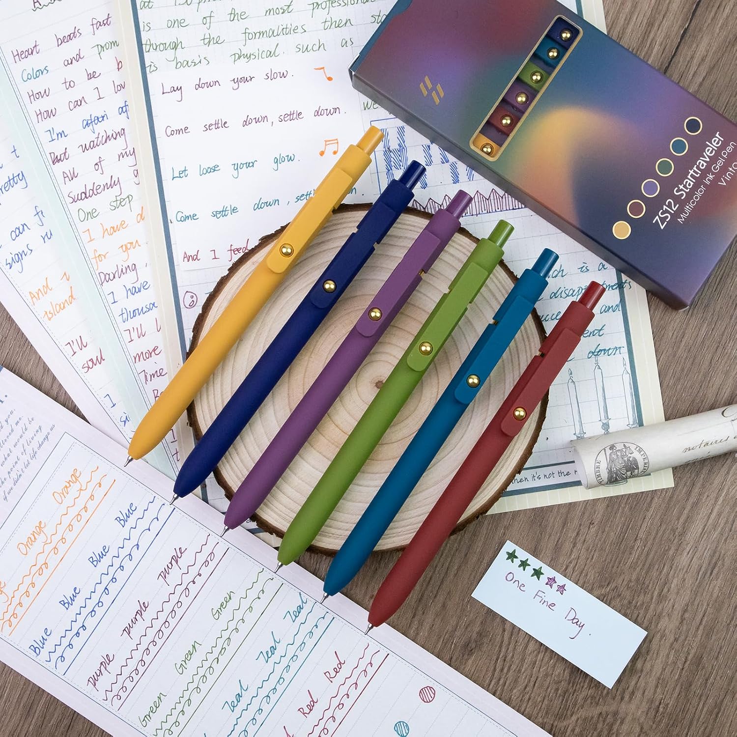 Vintage-Tone Gel Pens, 0.5 mm Fine Point - 6 Pack, Coloured Ink