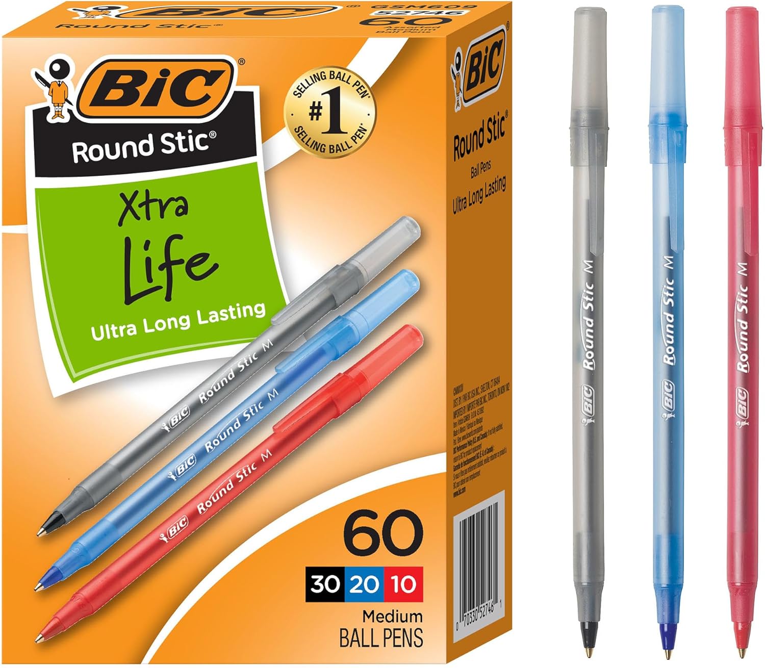 BIC Round Stic Xtra Life Assorted Ink Ballpoint Pens, 60-Count, 1.0mm | Flexible Round Barrel for Comfortable Writing | Translucent Barrel to View Ink Supply | Smooth Ink for Consistent Writing Assorted Ink Ballpoint Pens, 1.0 mm - 60 Count, Translucent Barrels