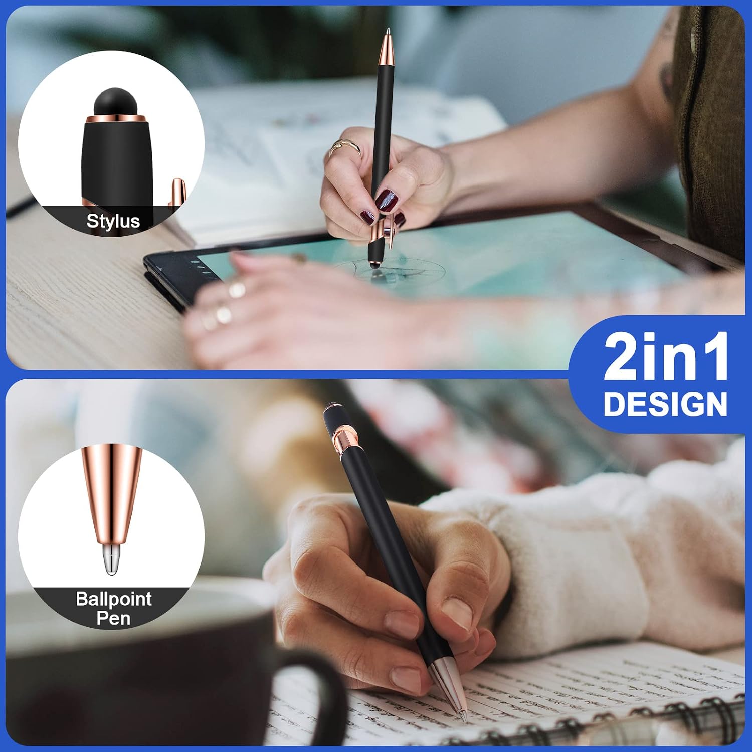 Metal Ballpoint Pens with Stylus Tip - 12 Pack, 1.0 mm, Black and Rose Gold