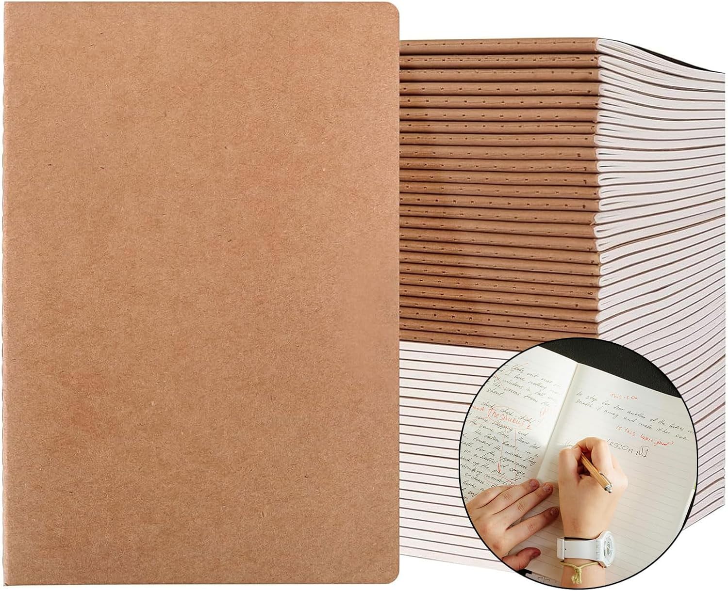A5 Kraft Cover Lined Notebooks, 8.3 x 5.5 in - 50 Pack, 68 Pages Each