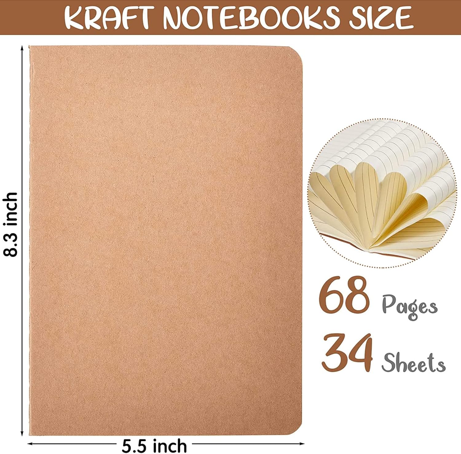 A5 Kraft Lined Notebooks, 8.3 x 5.5 in - 96 Pack Classroom Bulk Set