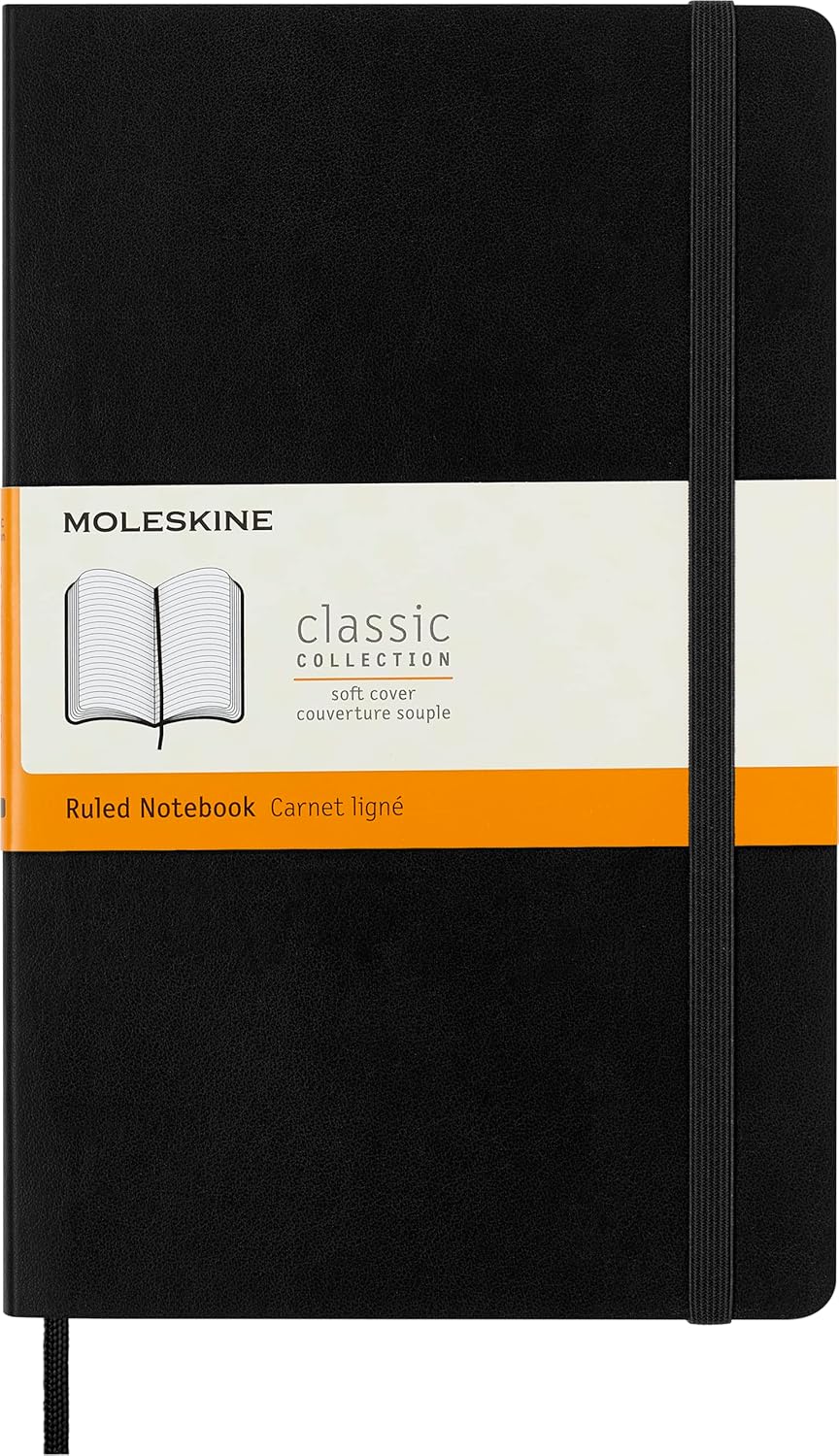 "Moleskine Classic Notebook, Soft Cover, Large (5"" x 825"") Ruled/Lined, Black, 192 pages" (S07162) Classic Soft Cover Ruled Notebook, 5 x 8.25 in - 192 Pages, Black