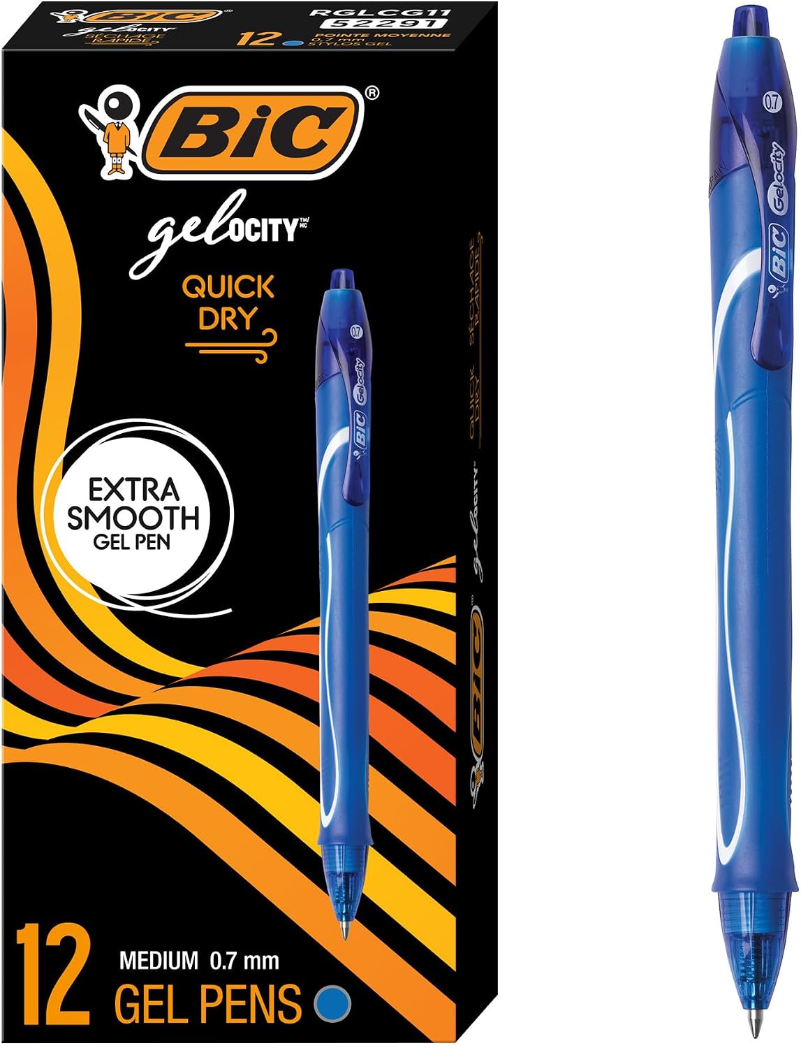 BIC Gelocity Quick Dry Blue Gel Pens, Medium Point, 0.7 mm, 12-Count Pack | Full Grip Design, Smooth Writing Experience, Retractable Clip, Ideal for Students and Teachers, School Supplies Quick-Dry Gel Pens, 0.7 mm Medium Point - 12 Pack, Blue Ink