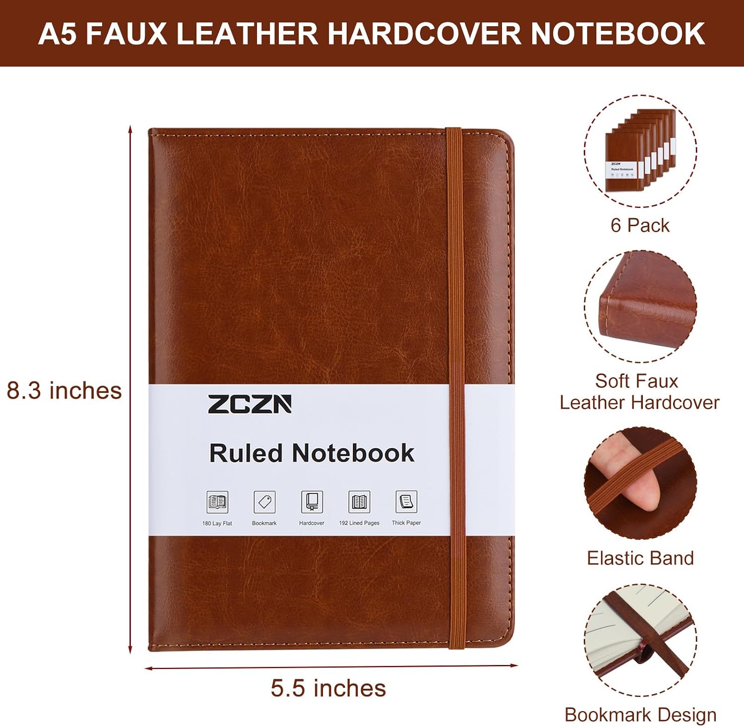 A5 Hardcover Lined Journals, 5.5 x 8.3 in - 6 Pack, 192 Pages, Brown