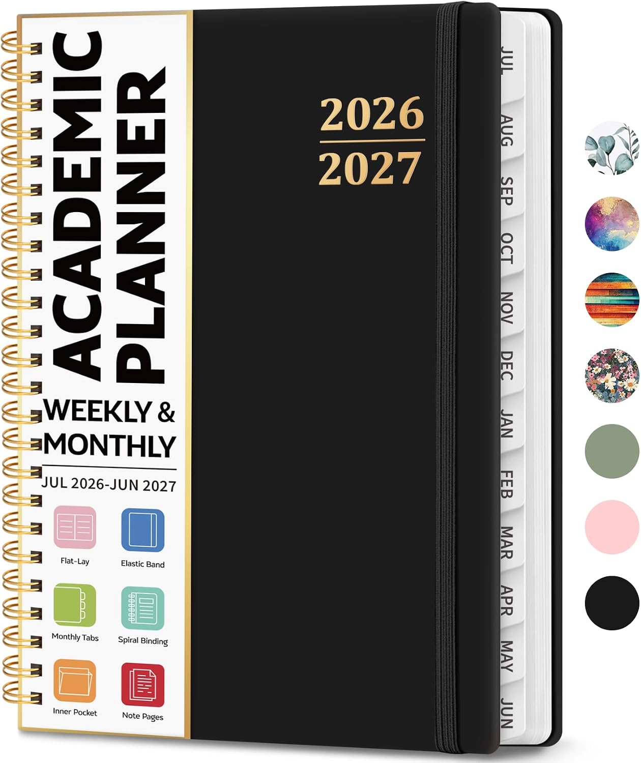 Academic Planner 2026-2027, A5 Hardcover - Weekly and Monthly, Tabbed, Black