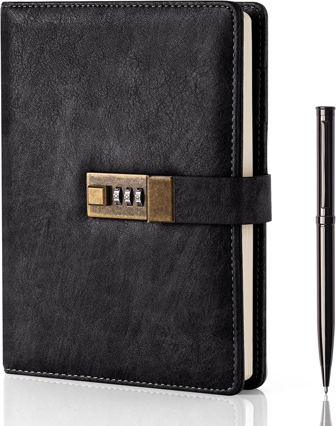 A5 Lockable Diary in PU Leather, 8.6 x 5.8 in - 240 Pages with Pen and Gift Box, Black