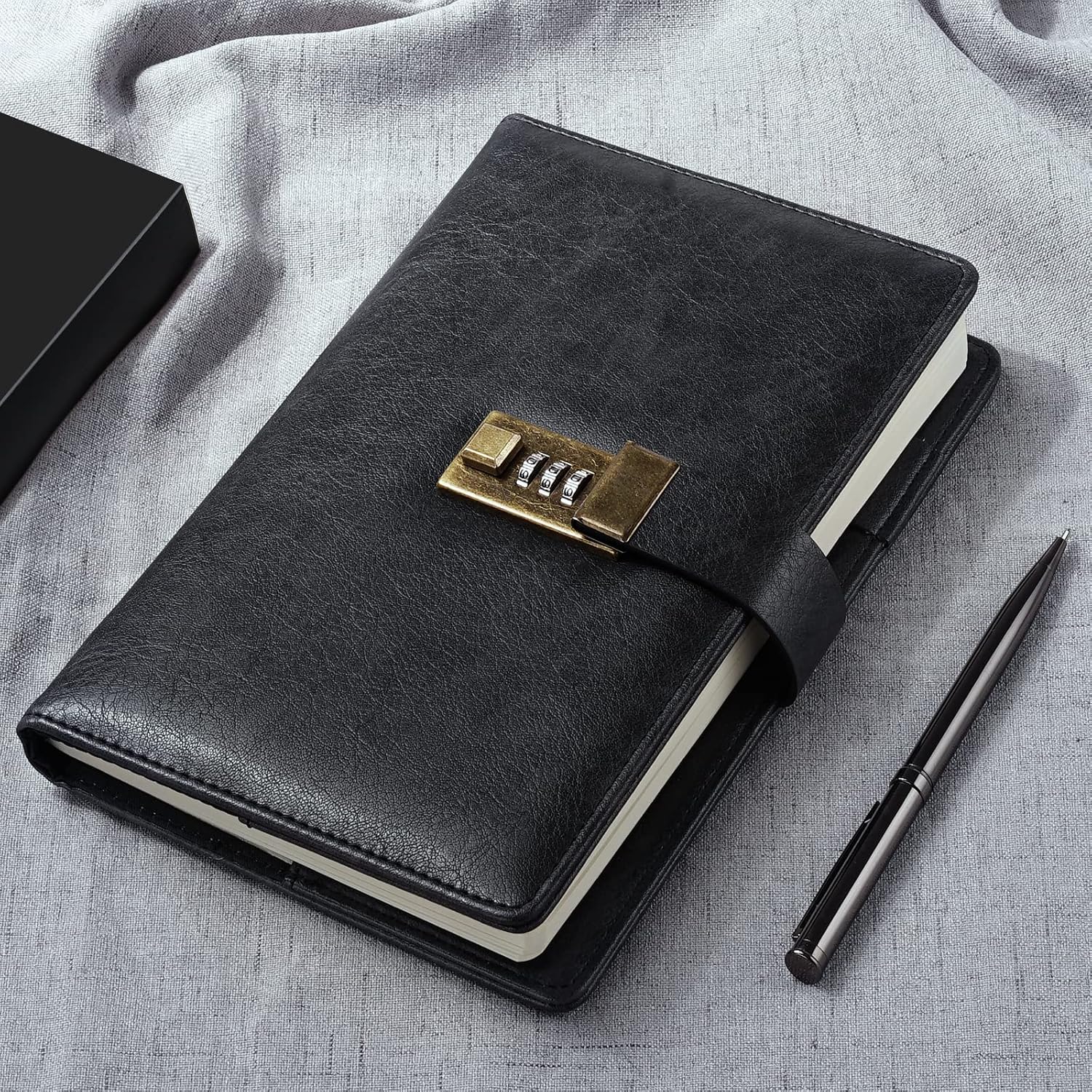 A5 Lockable Diary in PU Leather, 8.6 x 5.8 in - 240 Pages with Pen and Gift Box, Black