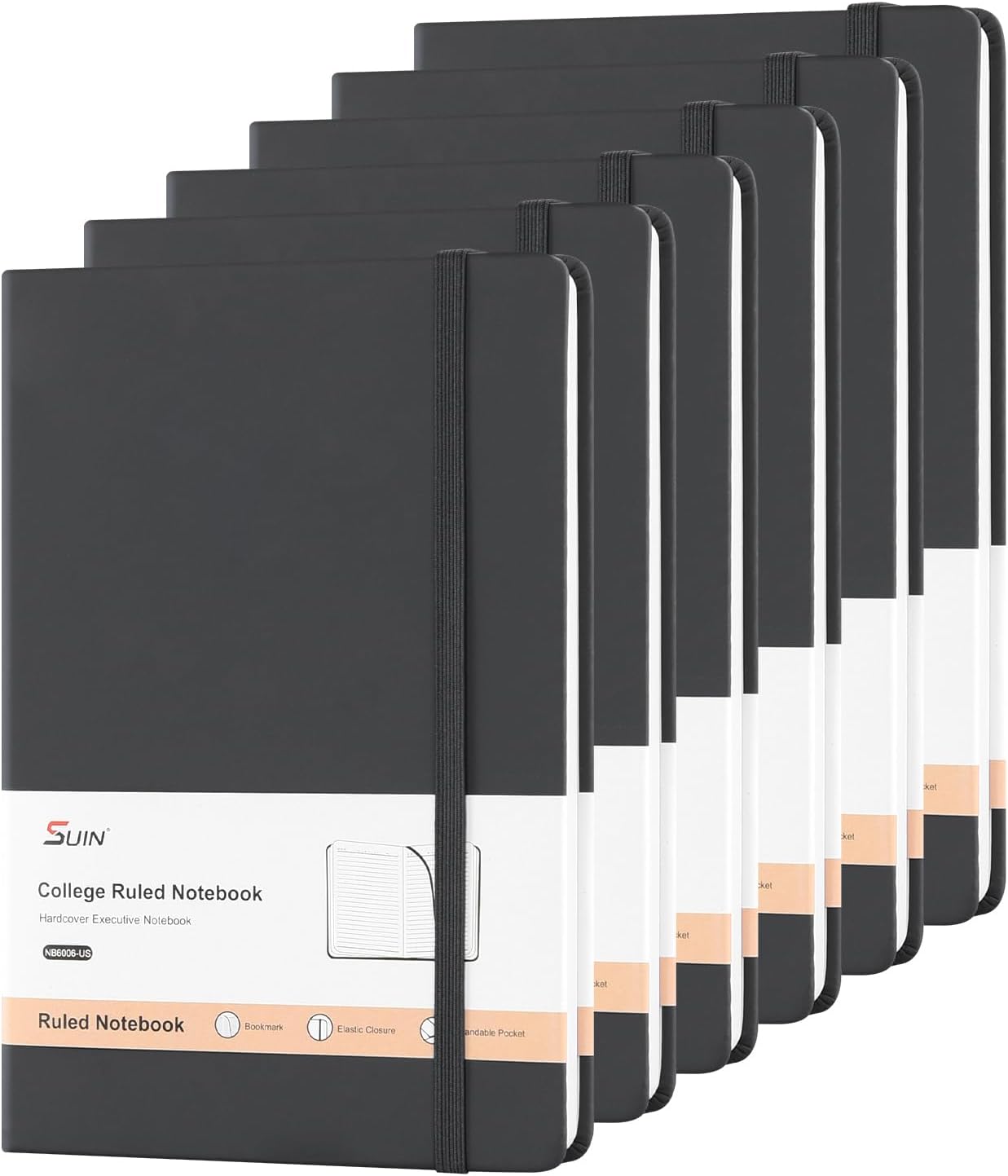 A5 Hardcover Lined Notebooks, 8.2 x 5.5 in - 6 Pack, 200 Pages, Black