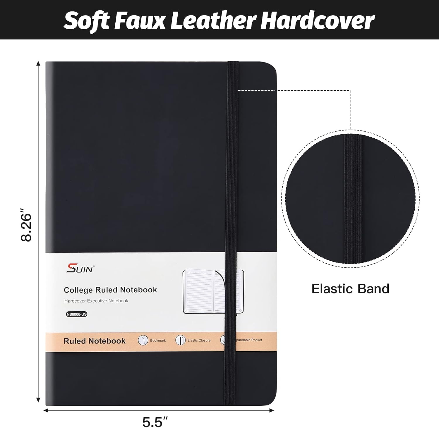 A5 Hardcover Lined Notebooks, 8.2 x 5.5 in - 6 Pack, 200 Pages, Black