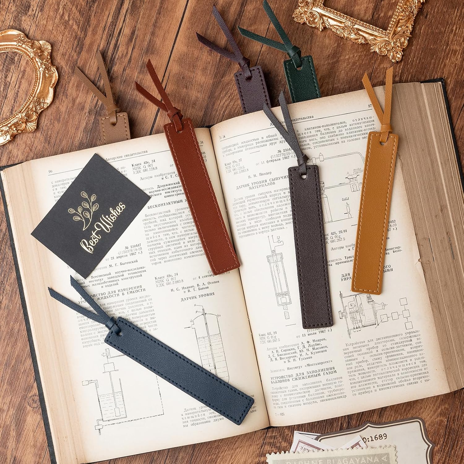 Stitched Leather Bookmarks with Tassels - 6 Pieces, Dark Retro Tones