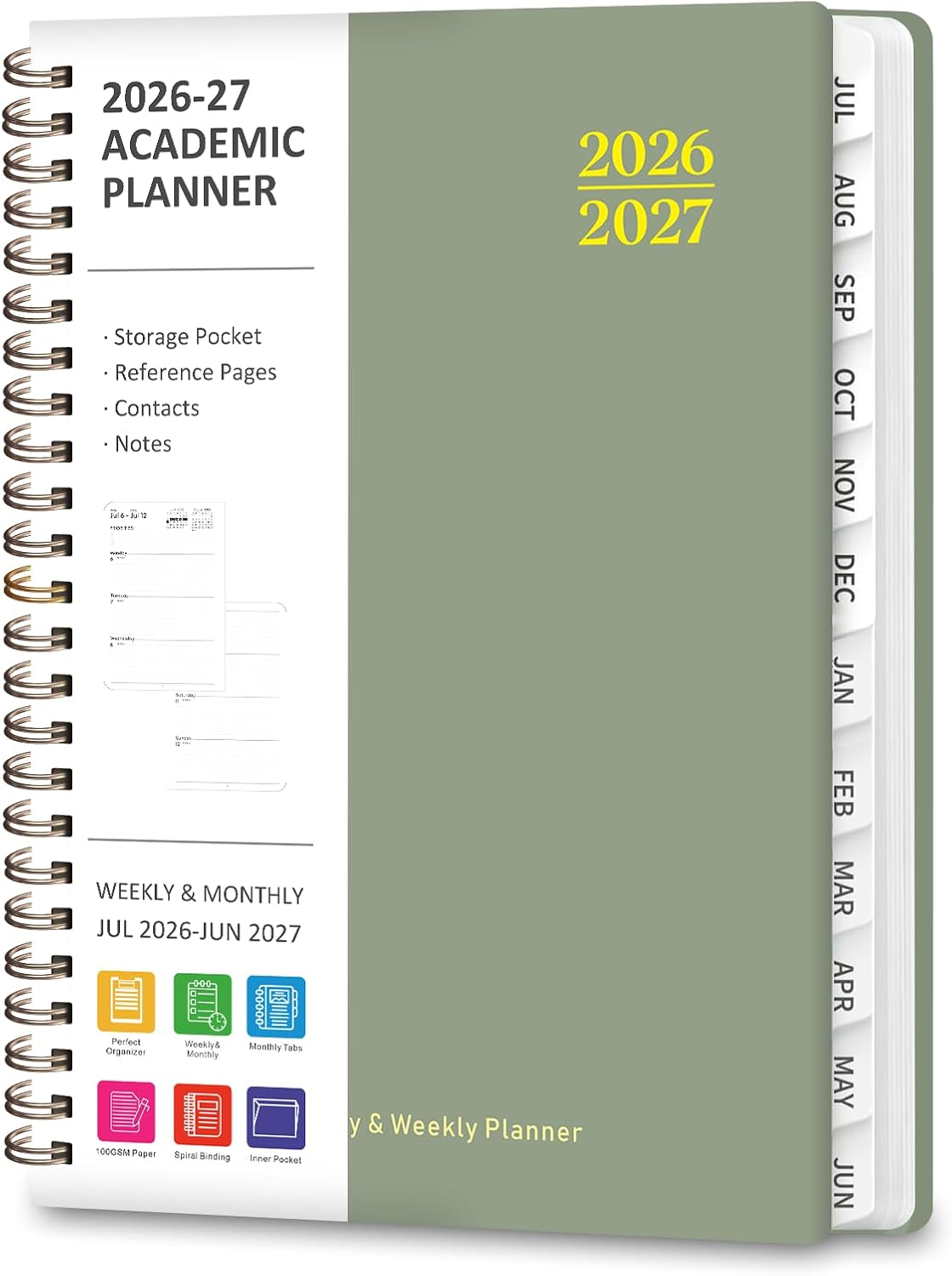 Academic Planner 2026-2027, A5 Spiral-Bound Hardcover - Inner Pocket