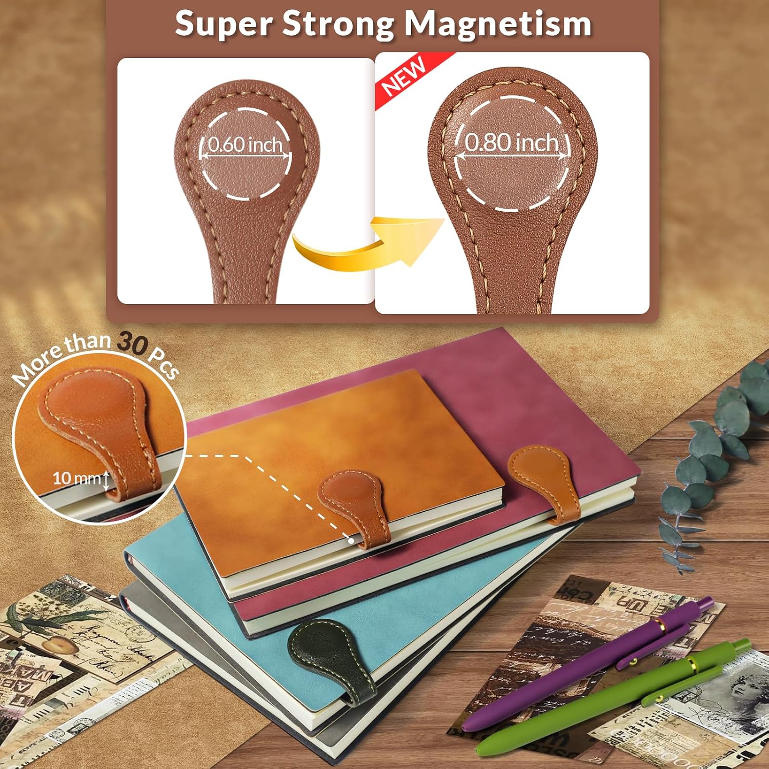 Magnetic Leather Bookmarks with Gift Box - 4 Pieces, Four Colours
