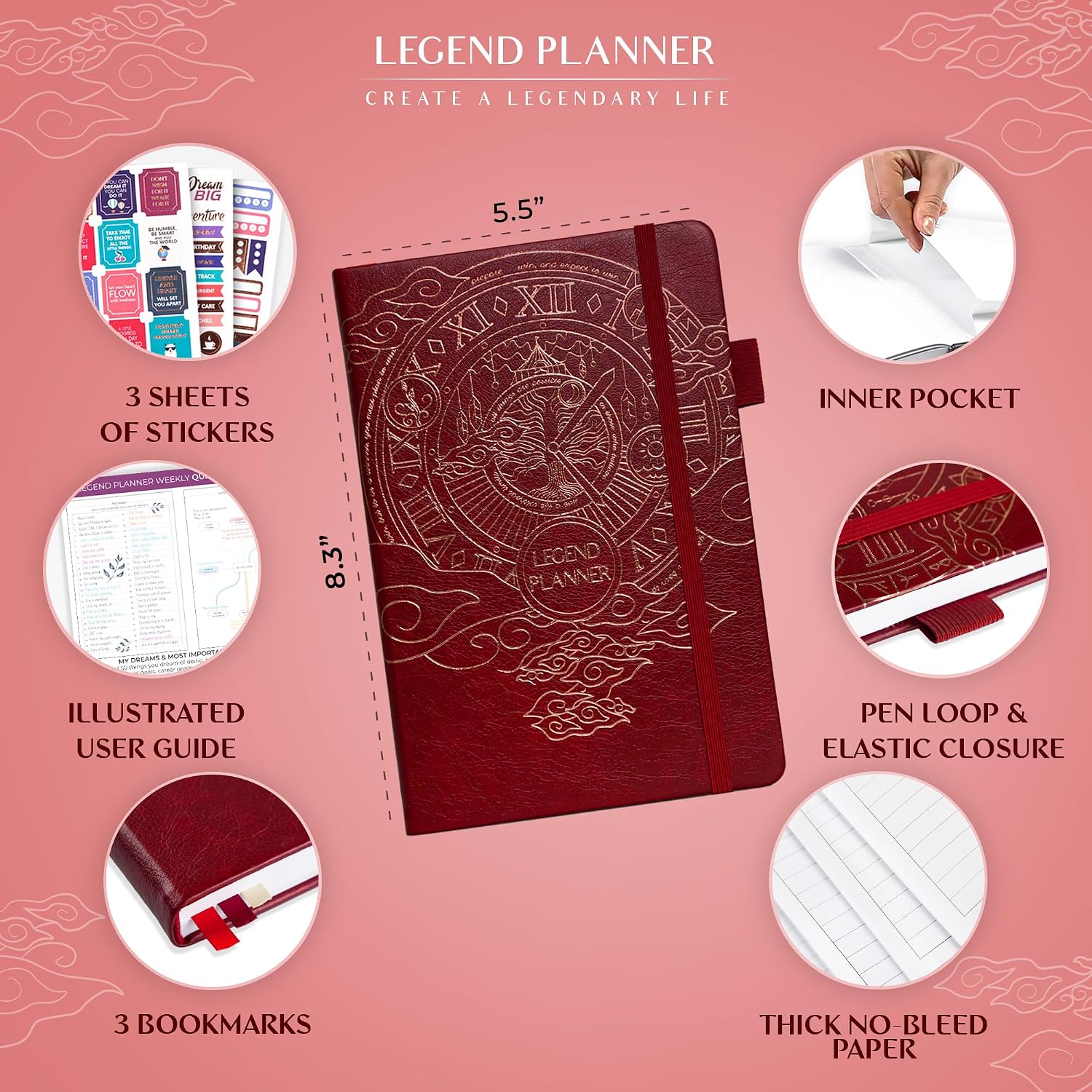 Undated Weekly and Daily Goal Journal, A5 Hardcover - 120 gsm Paper, Wine Red