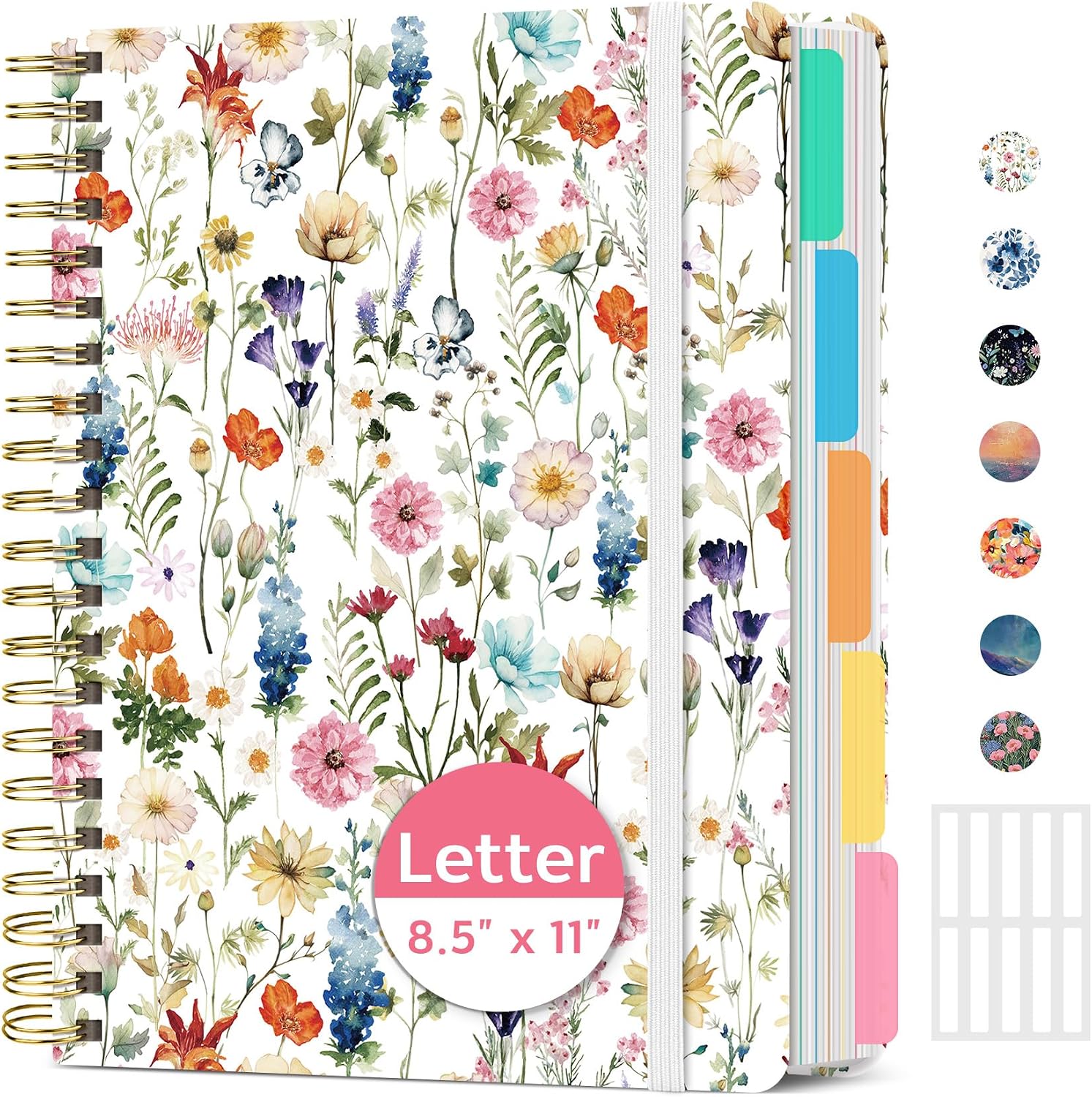 5-Subject Spiral Notebook with Removable Dividers, 8.5 x 11 in - 280 Pages, Wildflower Cover